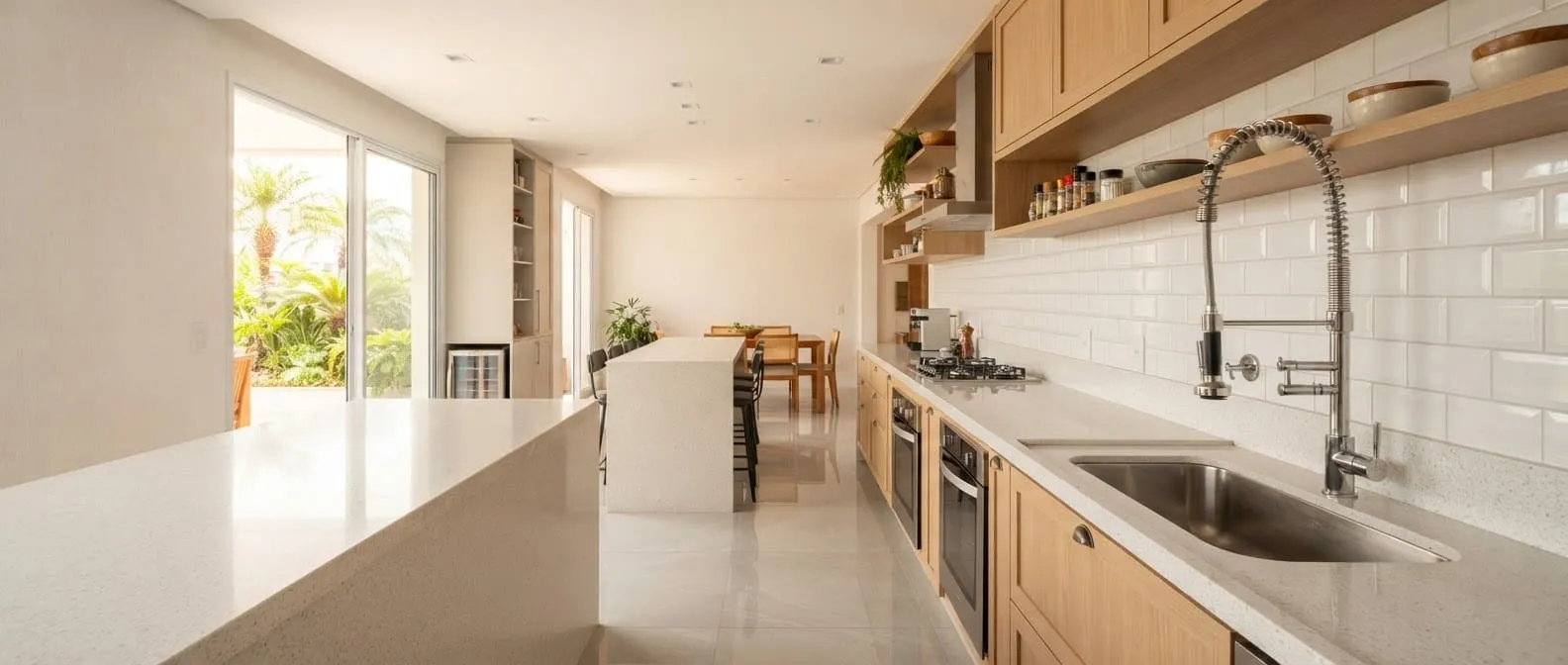 Cozinha com piso claro e revestimento branco
