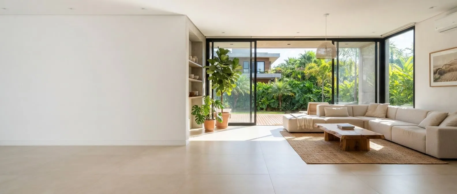 Sala ampla com porcelanato claro